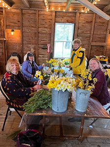 Group of women in a barn arranging daffodils